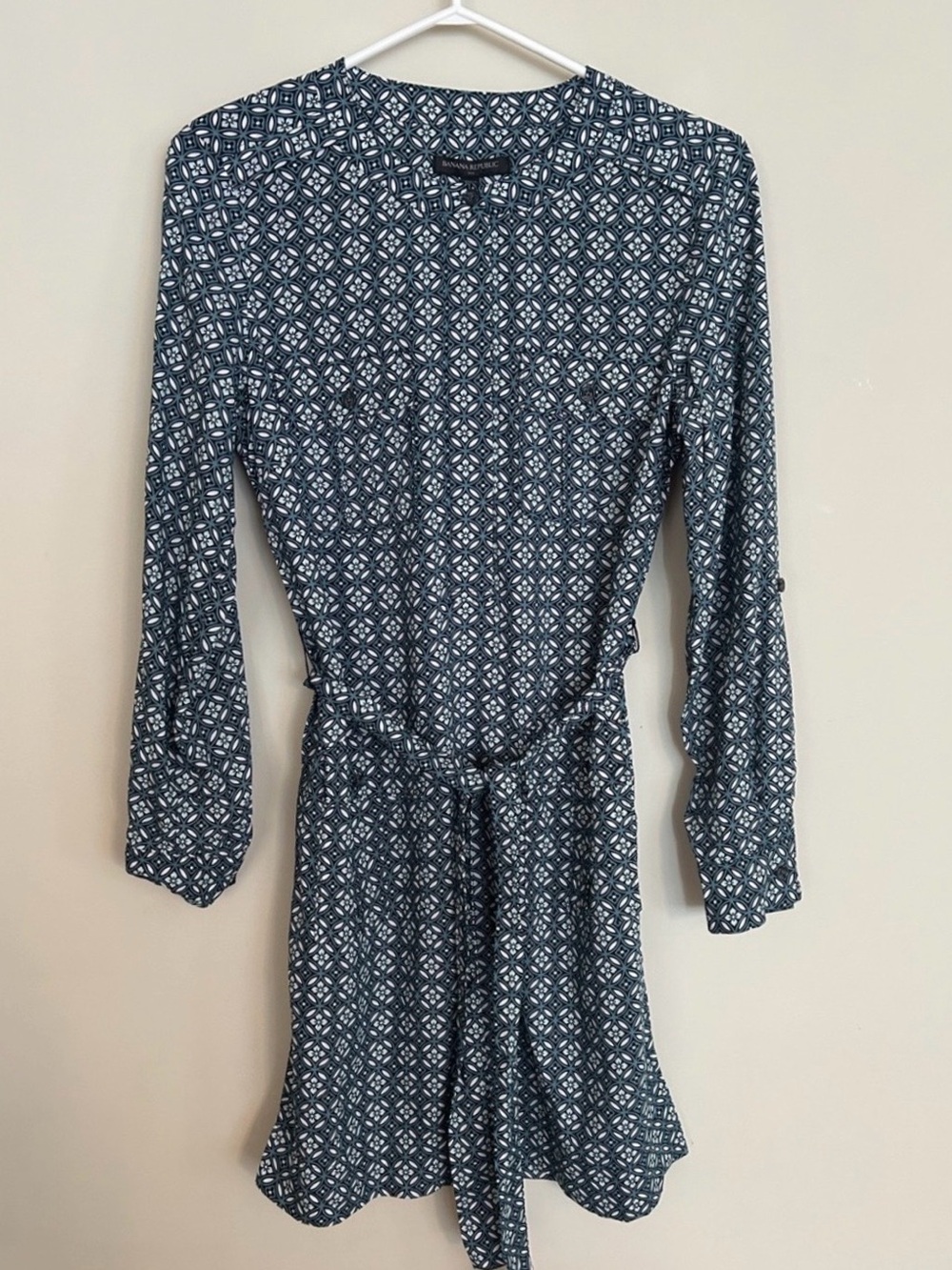 NWT Banana Republic Navy Geometric Long-Sleeve Tie-Waist Dress, Size 2
